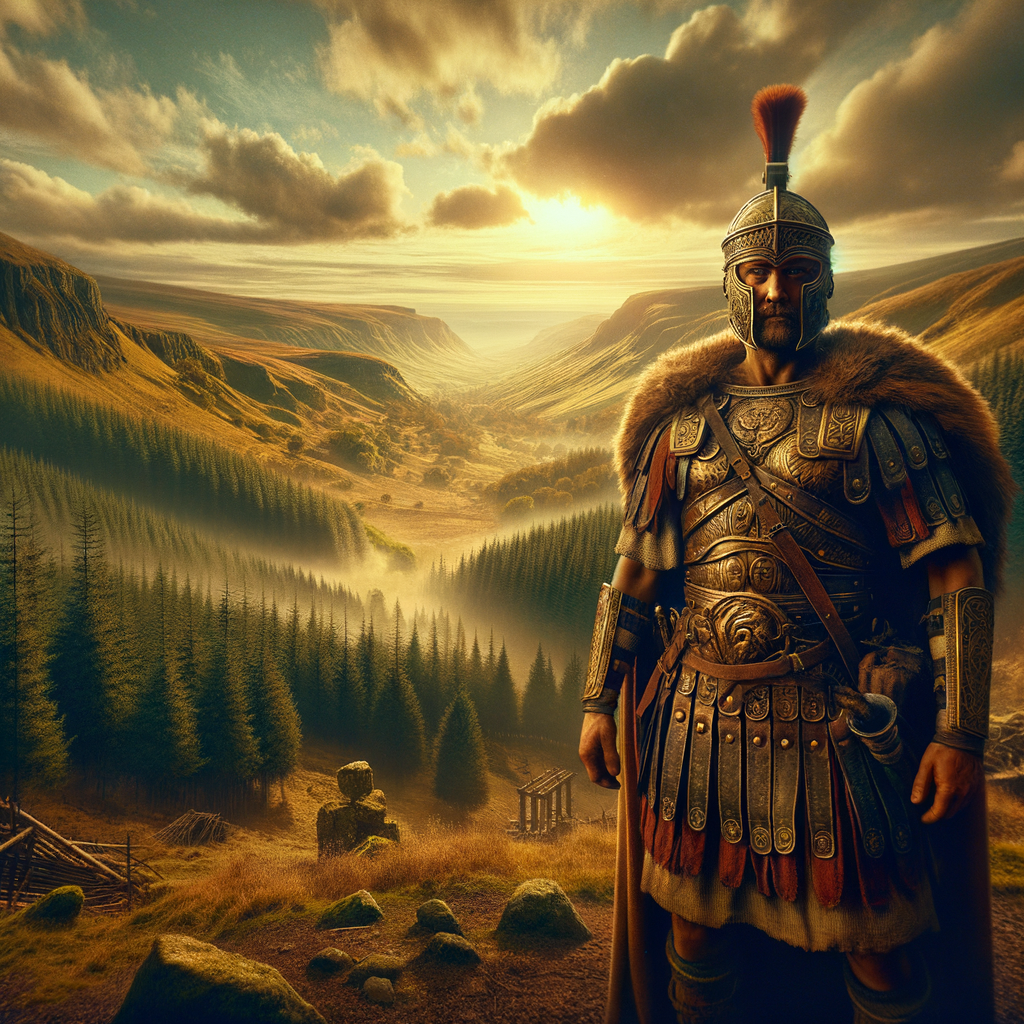 Gaulish warrior in traditional armor, standing confidently against a backdrop of ancient European landscapes, evoking a 1960s historical epic style.