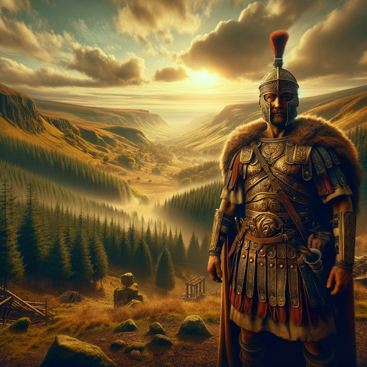 Gaulish warrior in traditional armor, standing confidently against a backdrop of ancient European landscapes, evoking a 1960s historical epic style.