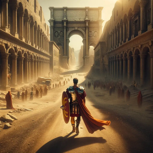 A Roman legionary walking along an ancient Roman road, surrounded by monumental structures, inspired by 1960s historical epics.
