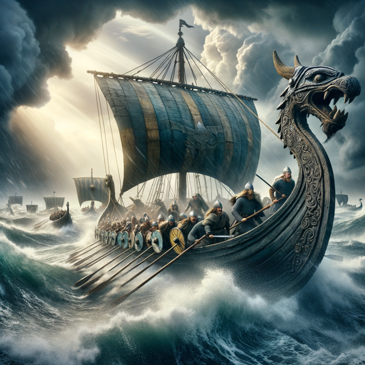 Viking warriors aboard a dragon-headed ship navigating rough North Sea waters, inspired by classic 1960s historical film epics.