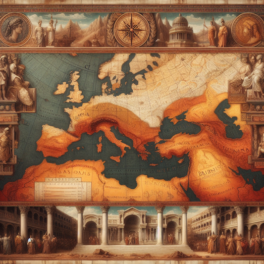 Ancient Roman-style map illustrating the Western Roman Empire and the breakaway Gallic Empire territories across Gaul, Germania, Britannia, and Hispania, painted in a detailed historical epic style.