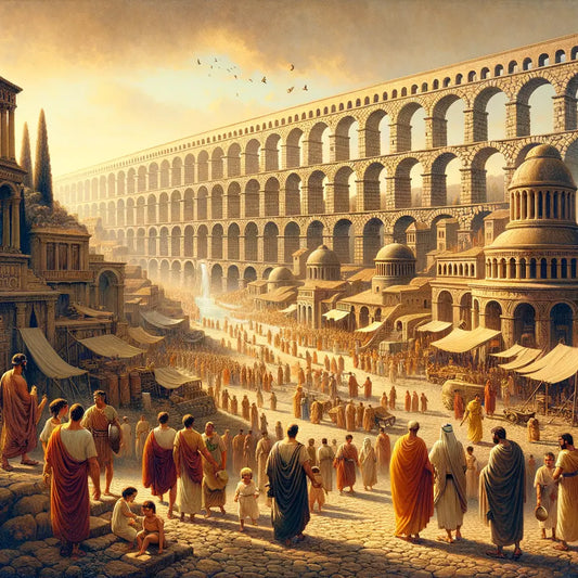 Bustling ancient Roman cityscape with architectural innovations, including concrete structures, domes, and an aqueduct, inspired by 1960s historical films.