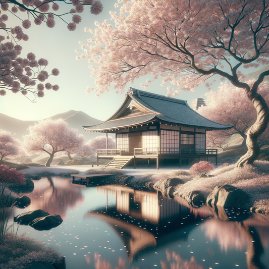 A traditional Japanese tea house amidst blooming cherry blossoms, embodying minimalist Japanese aesthetics.