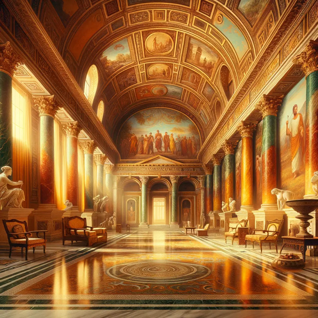 Interior of an ancient Roman villa with arches and colorful frescoes, illuminated by sunlight streaming in, in the style of 1960s historical films.