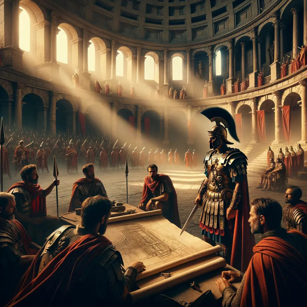A Roman general strategizing with soldiers in an ancient amphitheater, reminiscent of scenes from classic 1960s epic films.