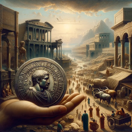 Weathered Roman coin showing emperor and deities, against a backdrop of ancient trade routes and architecture, in epic film style.