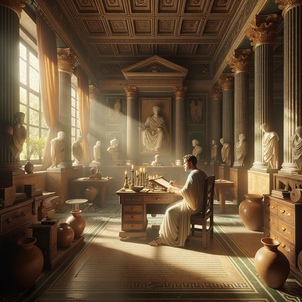 Roman philosopher in toga in a tranquil study with scrolls and quills, bathed in warm sunlight, evoking a serene atmosphere reminiscent of classic 1960s historical film epics.