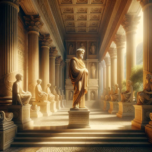 Marcus Aurelius in a Roman courtyard, surrounded by classical architecture, embodying wisdom and stoic calm, with his quotes subtly inscribed.