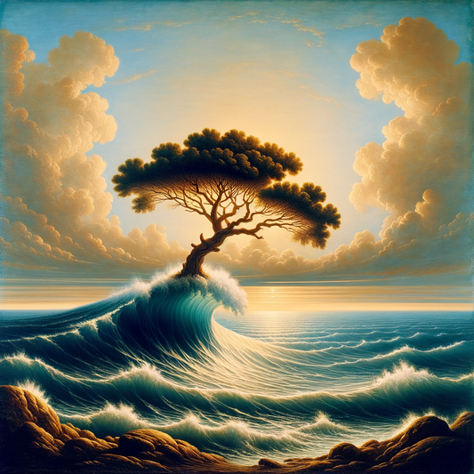 A serene ocean scene with a lone tree symbolizing Stoic strength, against the backdrop of a calm sea, in the style of 1960s Roman historical films.