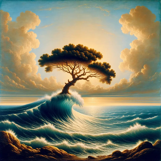 A serene ocean scene with a lone tree symbolizing Stoic strength, against the backdrop of a calm sea, in the style of 1960s Roman historical films.