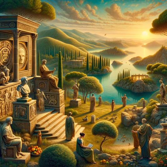 Serene island with ancient Stoic symbols and philosopher statue, inspired by 1960s historical epic style.