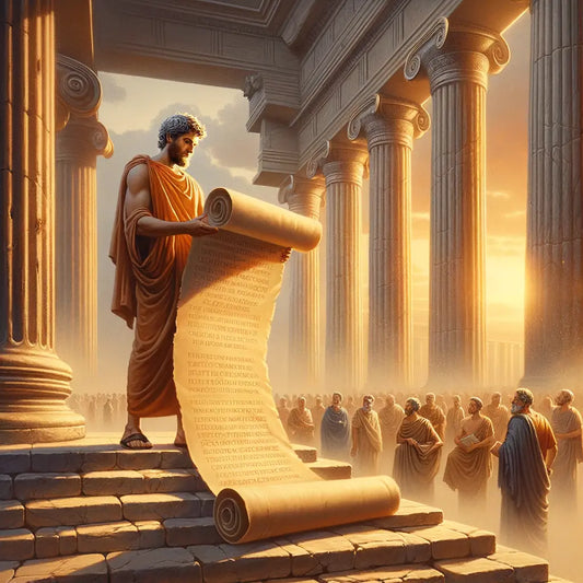 A philosopher examining a scroll in front of ancient Greek columns, styled like a 1960s historical film still.
