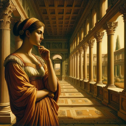 A stoic Roman woman standing against a harmonious backdrop symbolizing stoic virtues, depicted in a style reminiscent of 1960s historical epics.