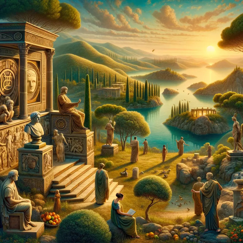 Serene island with ancient Stoic symbols and philosopher statue, inspired by 1960s historical epic style.