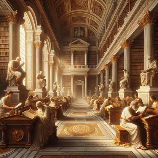 A serene ancient Roman library with scrolls and manuscripts, featuring toga-clad scholars engrossed in study, in the style of classic 1960s historical films.