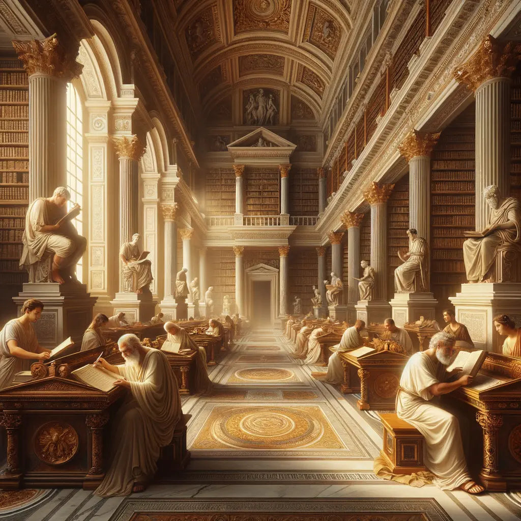 A serene ancient Roman library with scrolls and manuscripts, featuring toga-clad scholars engrossed in study, in the style of classic 1960s historical films.