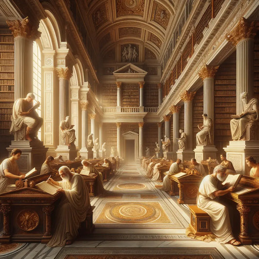A serene ancient Roman library with scrolls and manuscripts, featuring toga-clad scholars engrossed in study, in the style of classic 1960s historical films.