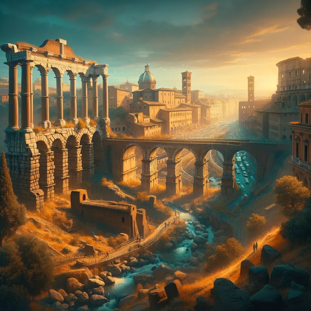 Panoramic view of Rome with ancient Roman aqueducts and modern cityscape, blending history with contemporary life, in a style inspired by 1960s historical epics.