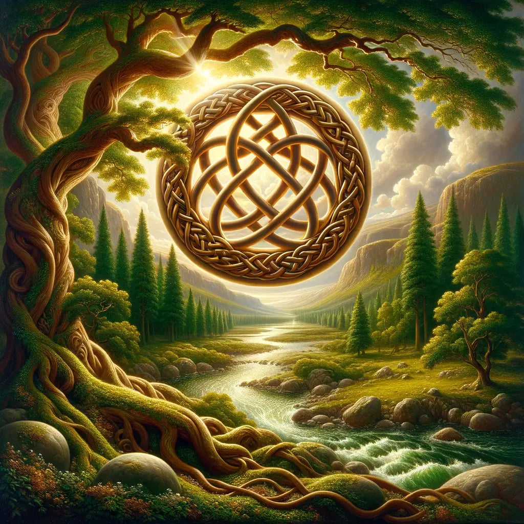 Intricate Celtic knot surrounded by trees and river, symbolizing the link between mythology and nature, 1960s epic style.