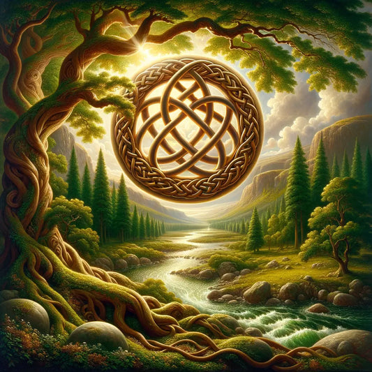 Intricate Celtic knot surrounded by trees and river, symbolizing the link between mythology and nature, 1960s epic style.