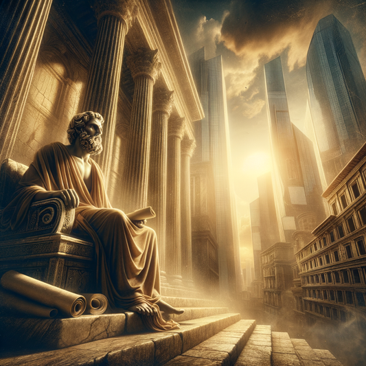 An ancient philosopher in a toga contemplates deeply, surrounded by modern skyscrapers, symbolizing the timeless application of Stoic wisdom within a cityscape, inspired by 1960s historical film style.