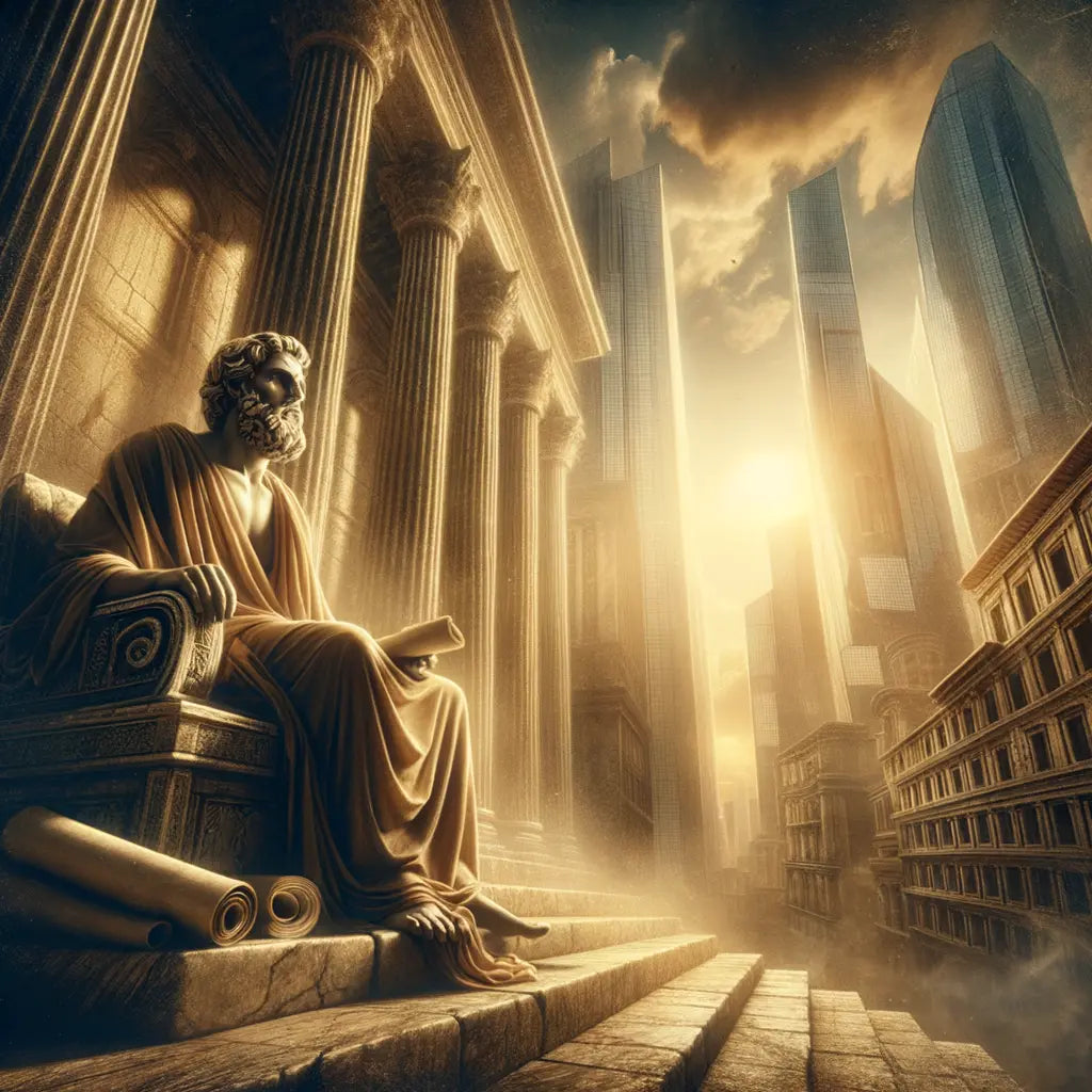 An ancient philosopher in a toga contemplates deeply, surrounded by modern skyscrapers, symbolizing the timeless application of Stoic wisdom within a cityscape, inspired by 1960s historical film style.