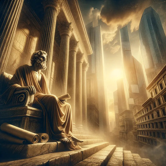 An ancient philosopher in a toga contemplates deeply, surrounded by modern skyscrapers, symbolizing the timeless application of Stoic wisdom within a cityscape, inspired by 1960s historical film style.
