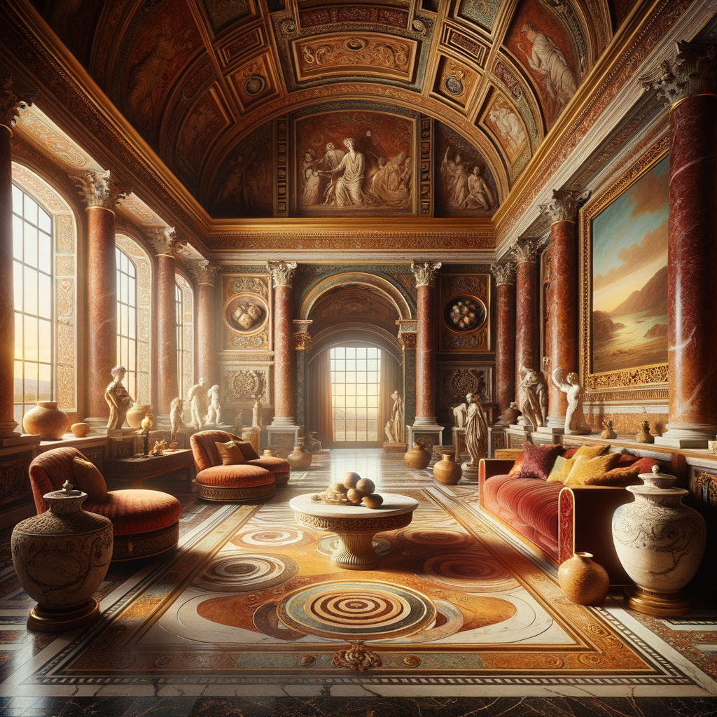 Luxurious ancient Roman interior with elegant couches, marble-topped tables, and intricate carvings, styled like a 1960s historical epic film.