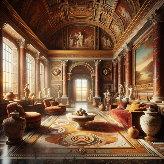Luxurious ancient Roman interior with elegant couches, marble-topped tables, and intricate carvings, styled like a 1960s historical epic film.