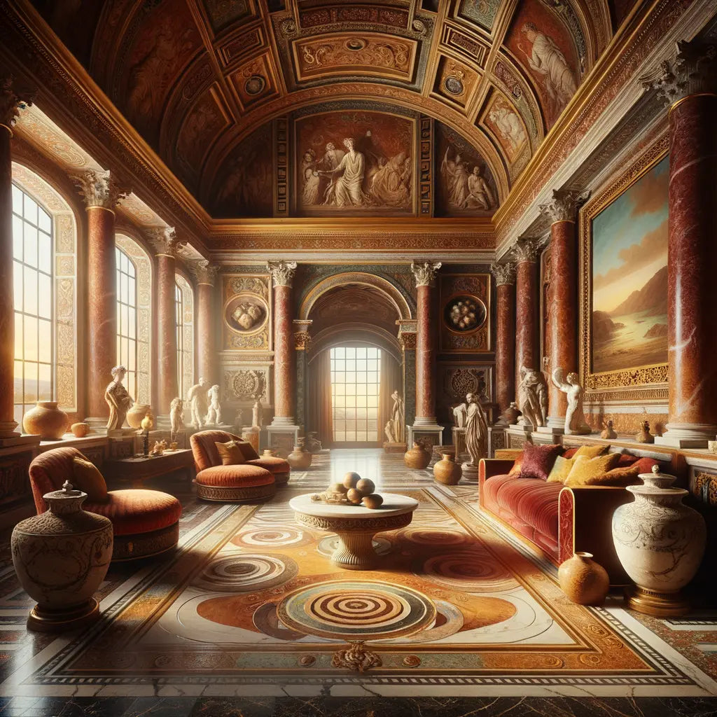 Luxurious ancient Roman interior with elegant couches, marble-topped tables, and intricate carvings, styled like a 1960s historical epic film.
