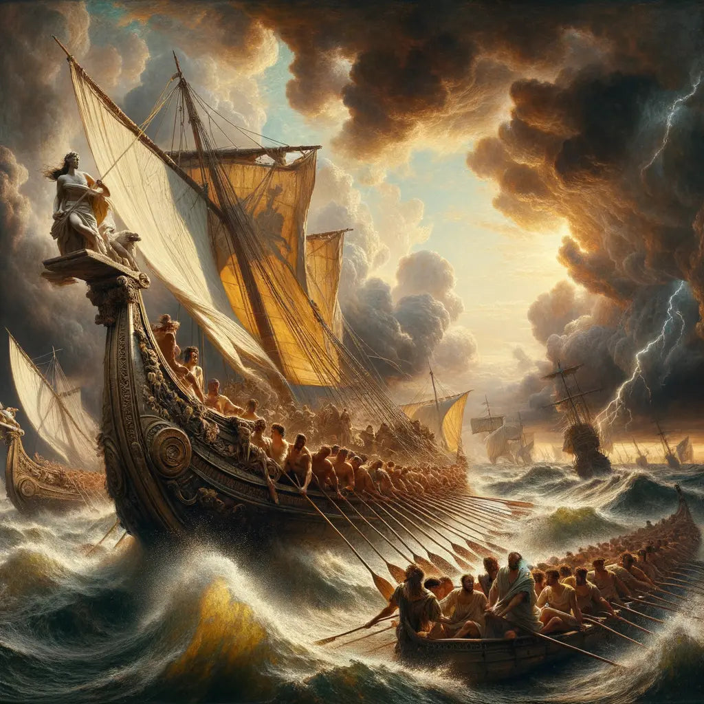 A Roman ship navigating a turbulent sea, symbolizing Stoic principles. Featuring stormy skies and classic film epic style.