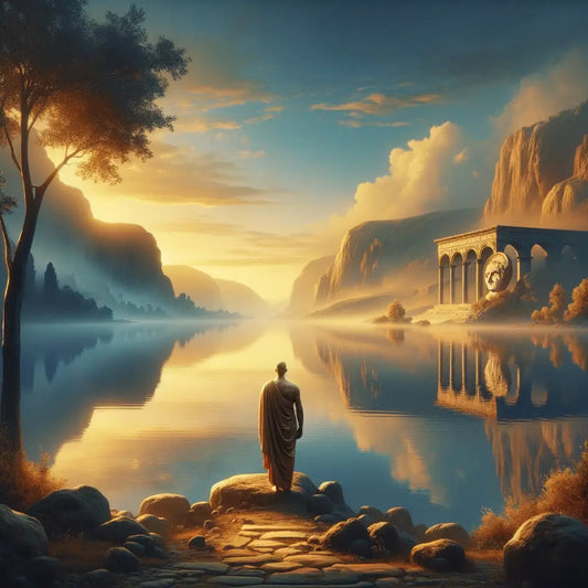 A serene lake reflecting a clear sky symbolizing Stoic tranquility, framing a toga-clad philosopher under golden morning light in a 1960s historical epic style.