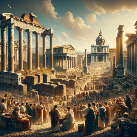 A panoramic painting in the style of a 1960s epic, depicting ancient Rome's growth into an empire with majestic architecture and a bustling forum.