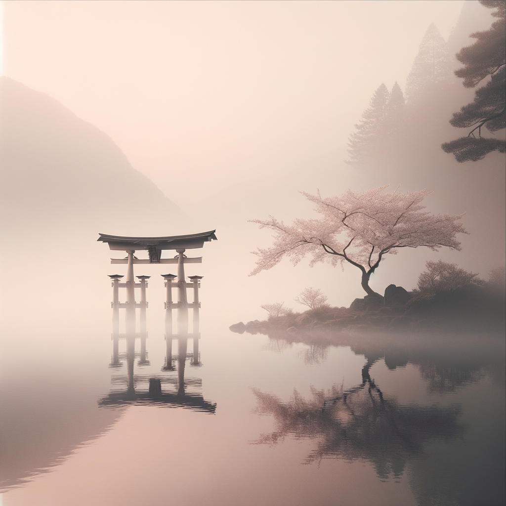 Eine minimalistische Darstellung eines alleinstehenden Torii-Tors im Morgendunst, umgeben von Kirschblütenblättern an einem ruhigen Teichrand.