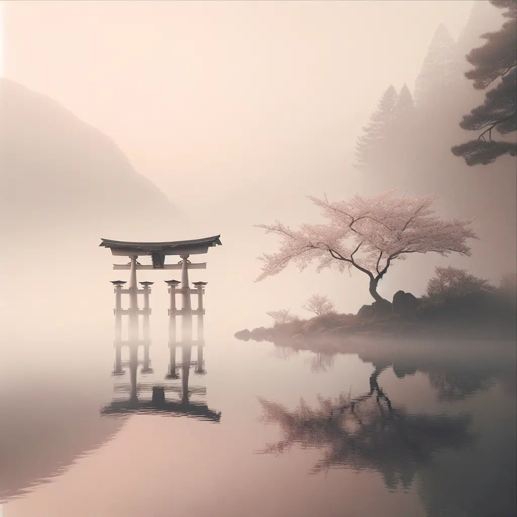 Eine minimalistische Darstellung eines alleinstehenden Torii-Tors im Morgendunst, umgeben von Kirschblütenblättern an einem ruhigen Teichrand.