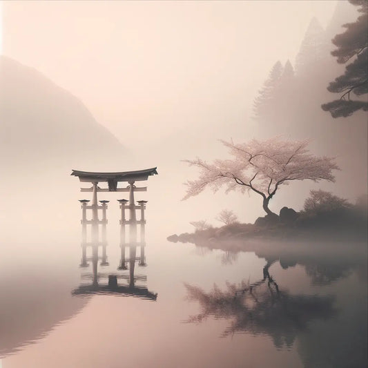 Eine minimalistische Darstellung eines alleinstehenden Torii-Tors im Morgendunst, umgeben von Kirschblütenblättern an einem ruhigen Teichrand.