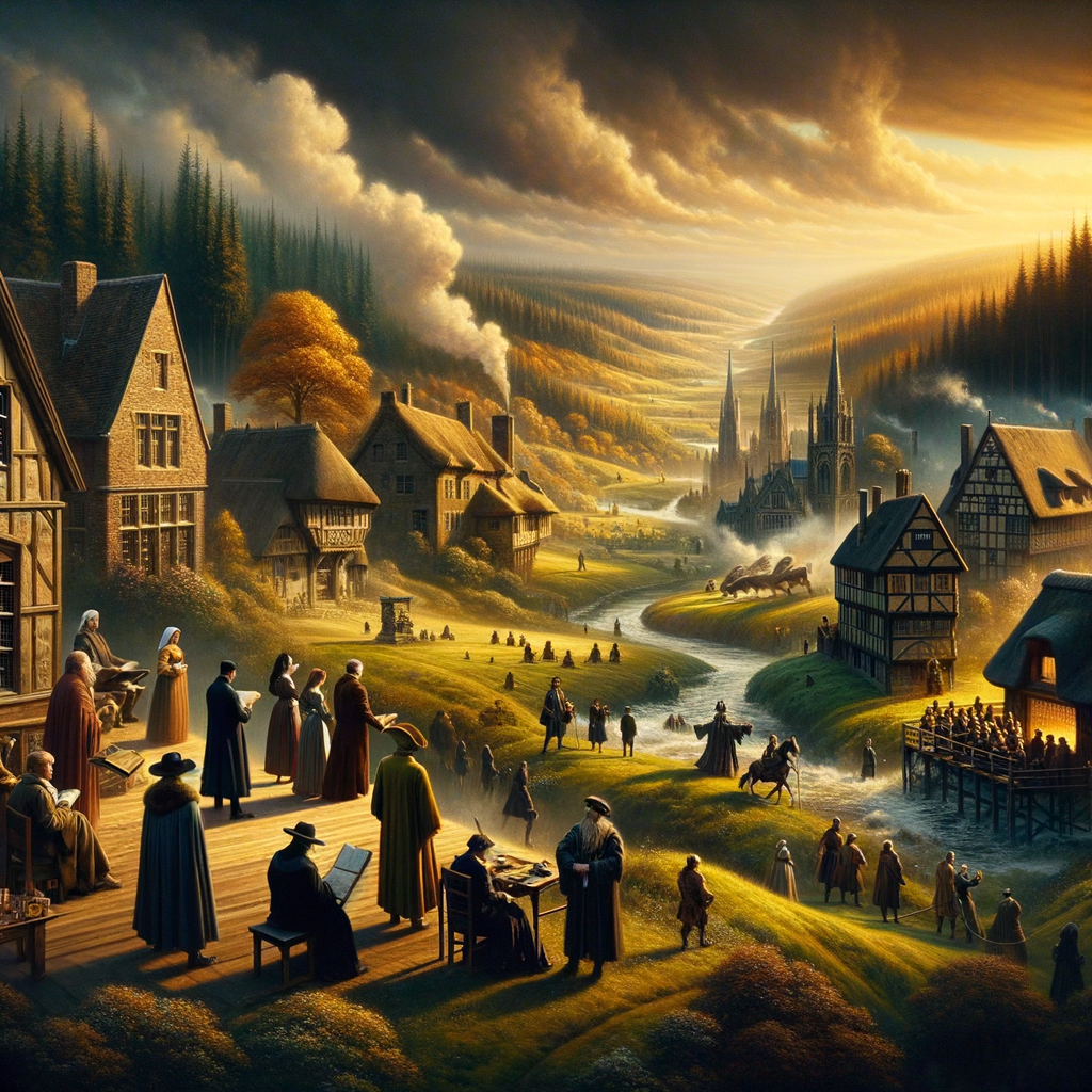 Cinematic portrayal of English, German, and Dutch cultural landscapes, featuring iconic European settings and traditional figures, in a style reminiscent of 1960s historical epics.