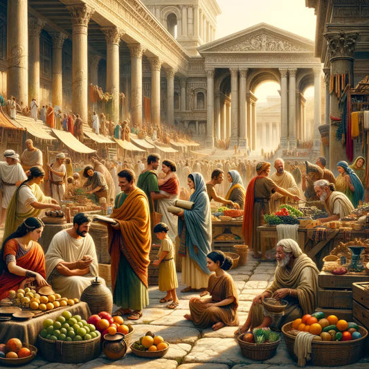 A bustling Roman marketplace with merchants, citizens, and intricate stone architecture in the style of a 1960s historical epic film.