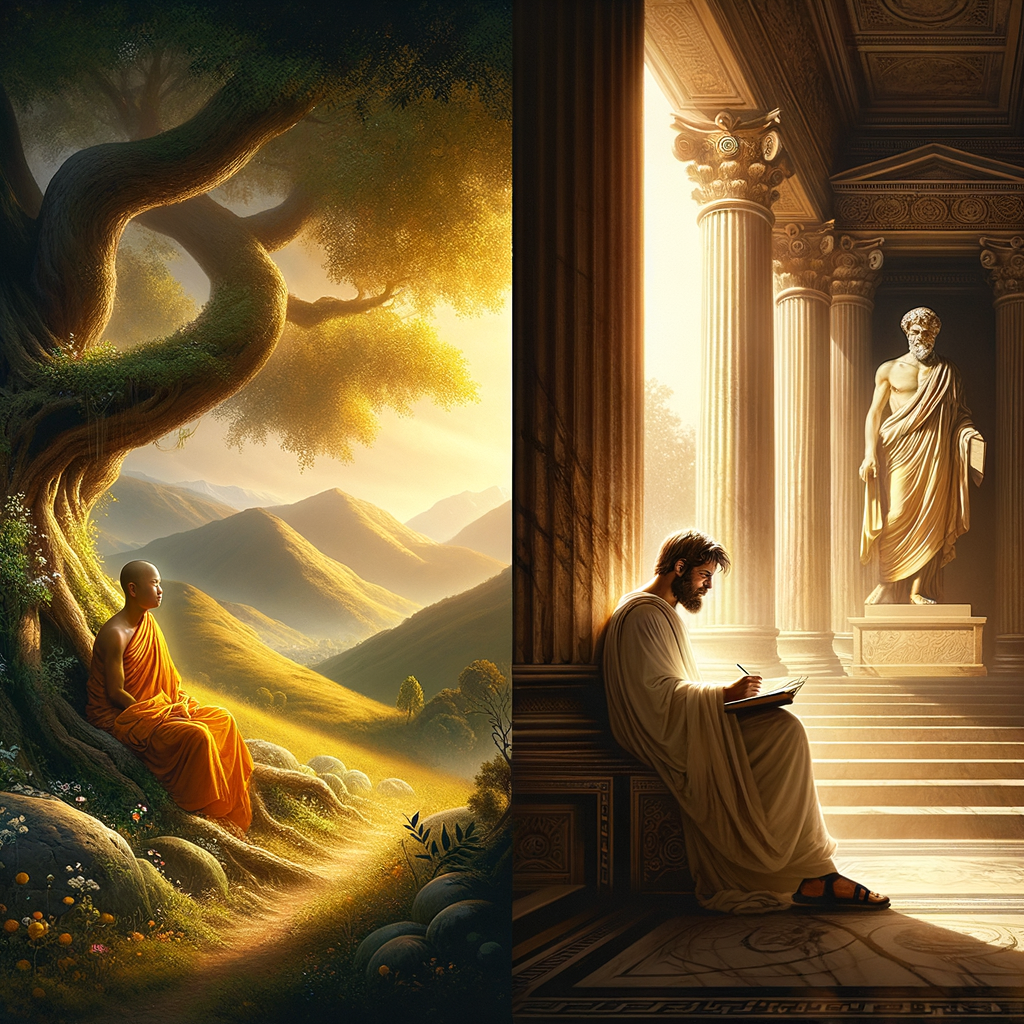 A tranquil Asian landscape with a figure under a Bodhi tree juxtaposed with a Greek scholar under an Athenian portico, symbolizing Buddhism and Stoicism respectively.