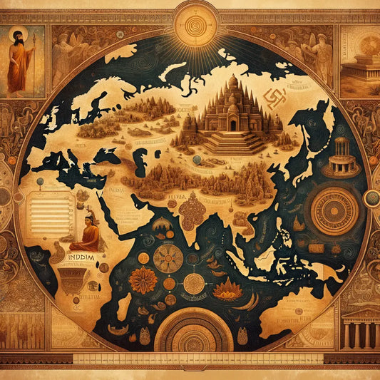 Ancient map illustrating the origins of Buddhism in India and Stoicism in Greece, featuring 5th century BC India and 4th century BC Greece with historical icons and timelines.