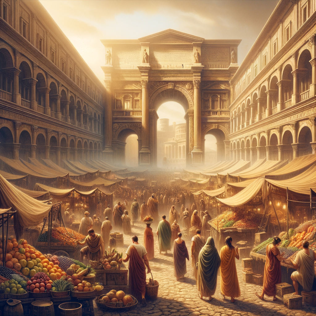 A cinematic painting of a lively Roman street market with citizens shopping and socializing, inspired by classic historical films of the 1960s.