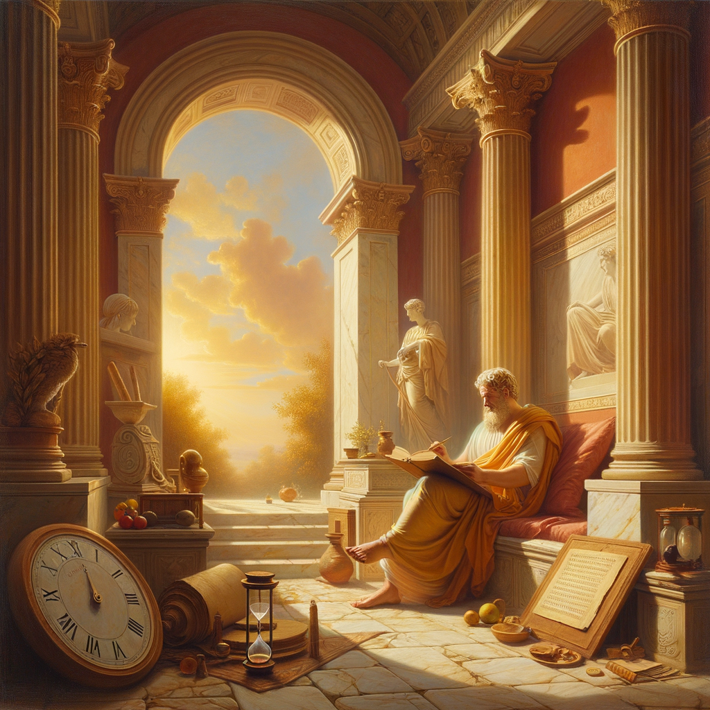 A serene Roman philosopher in a toga engages with scrolls in an ancient study, surrounded by stoic symbols, with warm sunlight enhancing the tranquil atmosphere, inspired by 1960s historical epics.