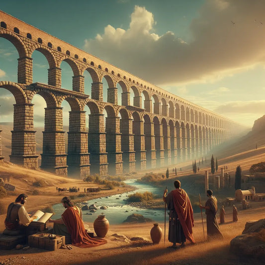Ancient Roman aqueducts stretch across a sunlit landscape with hills and blue sky, featuring Roman figures in the foreground, inspired by 1960s historical epic films.