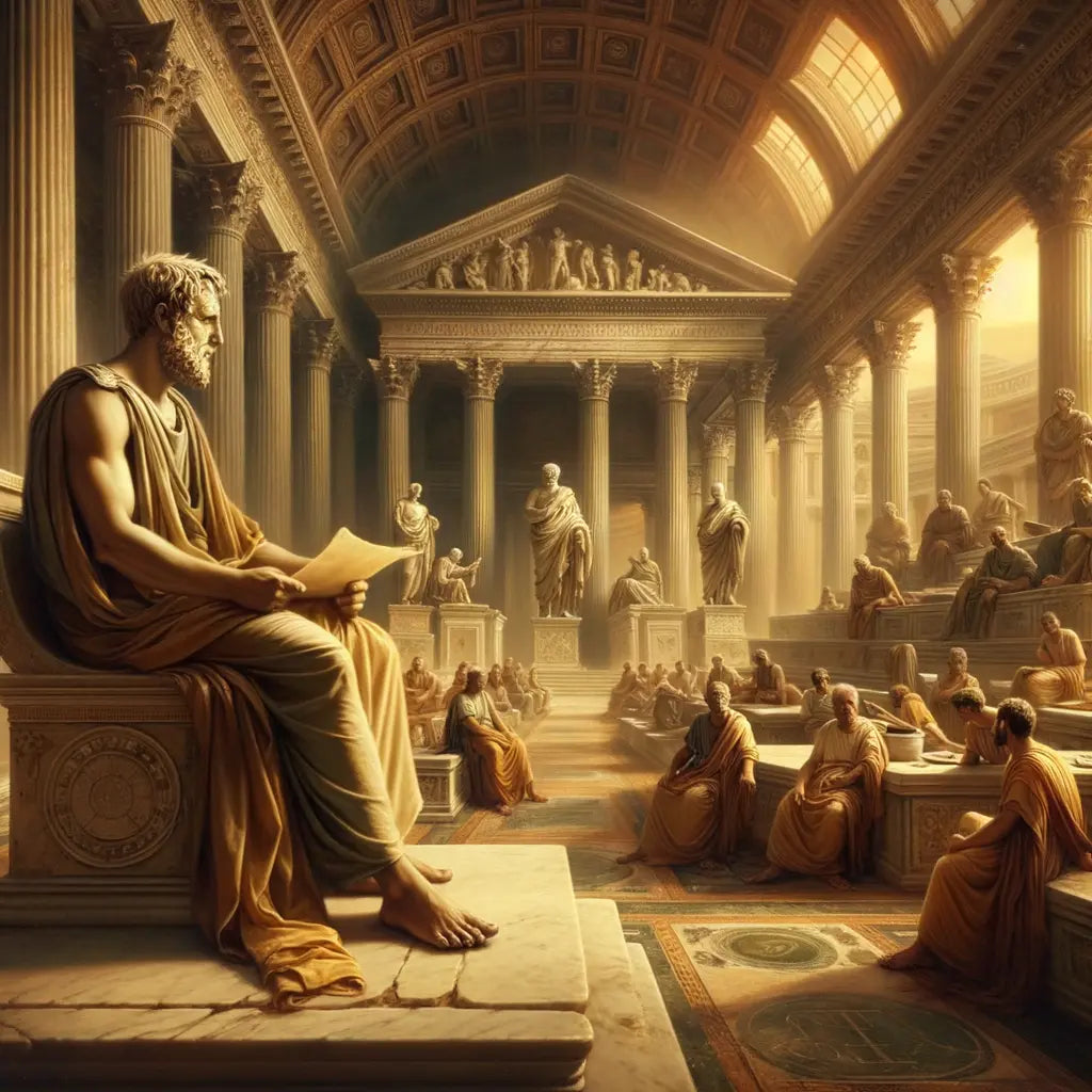 Marcus Aurelius in a serene Roman setting, symbolizing the timeless wisdom of Stoicism.