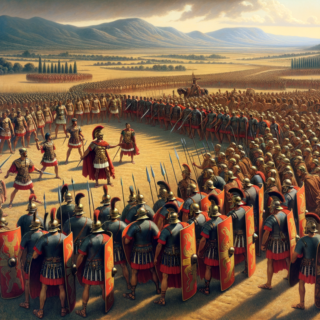 Roman soldiers in Testudo and Wedge formations on a battlefield, led by an officer, inspired by 1960s historical film style.