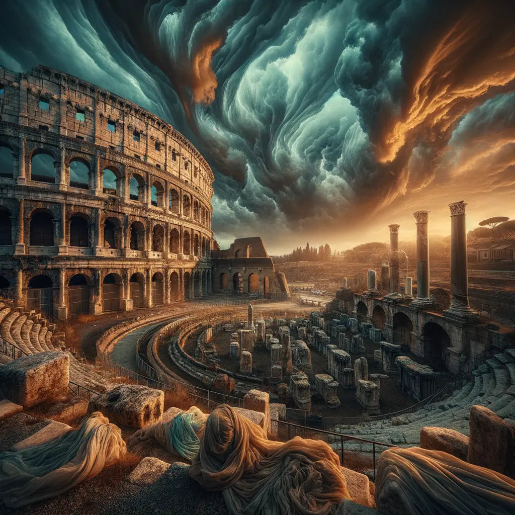 Majestic ruins of the Colosseum under a dramatic sky, showing signs of aging and historical wear, inspired by 1960s historical film style.