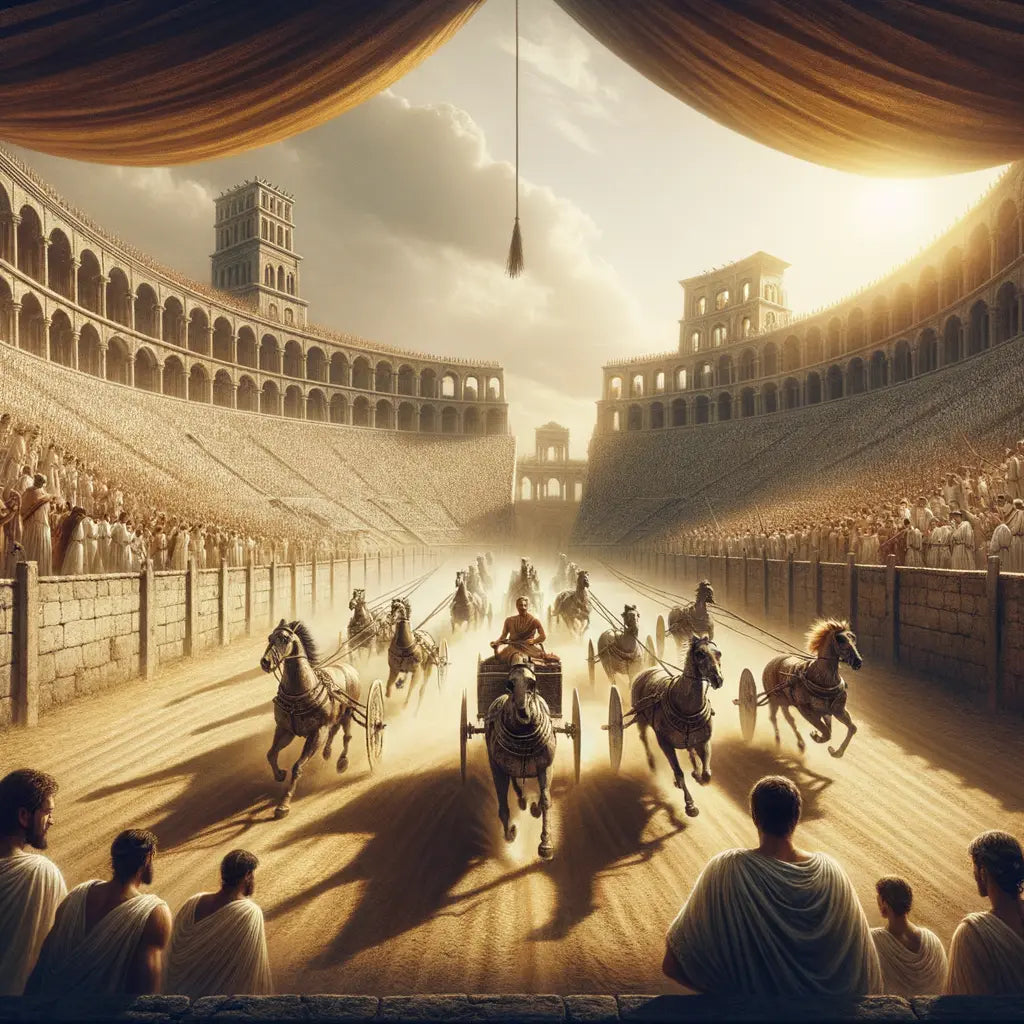 Ancient Roman chariot race at the Circus Maximus with cheering spectators, in the style of 1960s historical films.