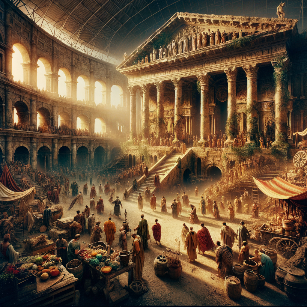Roman amphitheater vibrant with people, contrasted by overgrown ruins stage, in a 1960s historical film style.