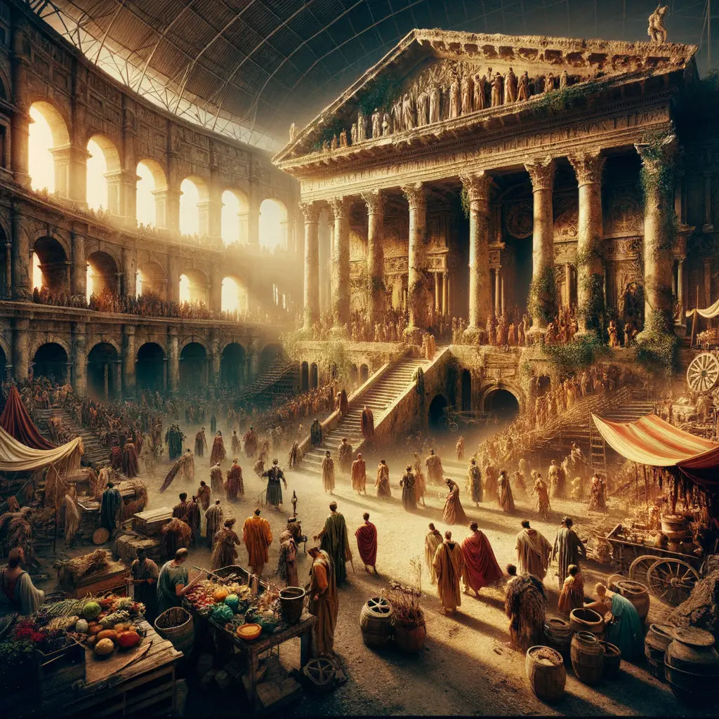 Roman amphitheater vibrant with people, contrasted by overgrown ruins stage, in a 1960s historical film style.