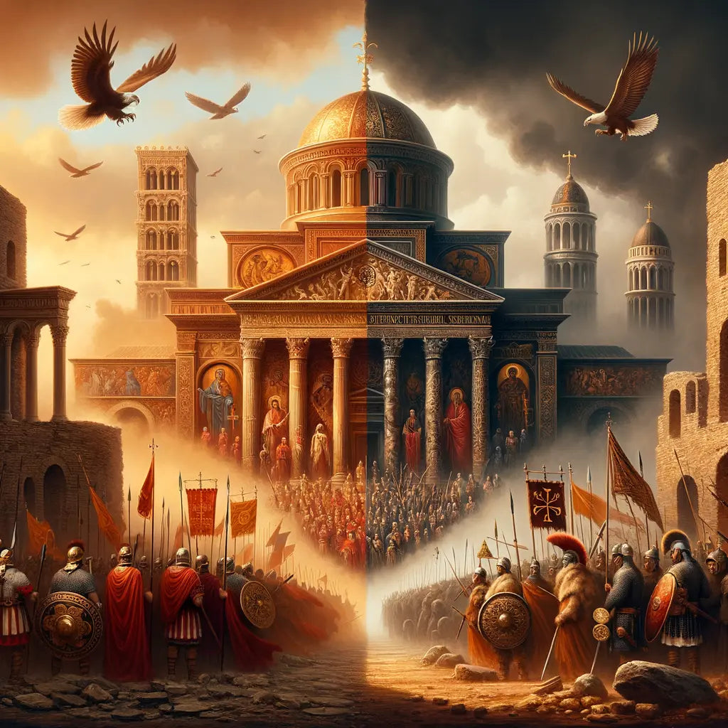 Illustration showing the split of the Roman Empire with Western Roman and Eastern Byzantine elements, surrounded by Roman soldiers and Germanic tribes, reflecting historical division.